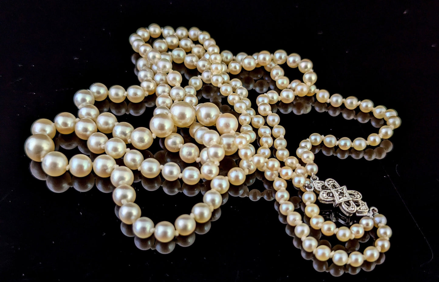 Vintage Double row cultured pearl necklace, Diamond clasp 9ct white gold, Art Deco