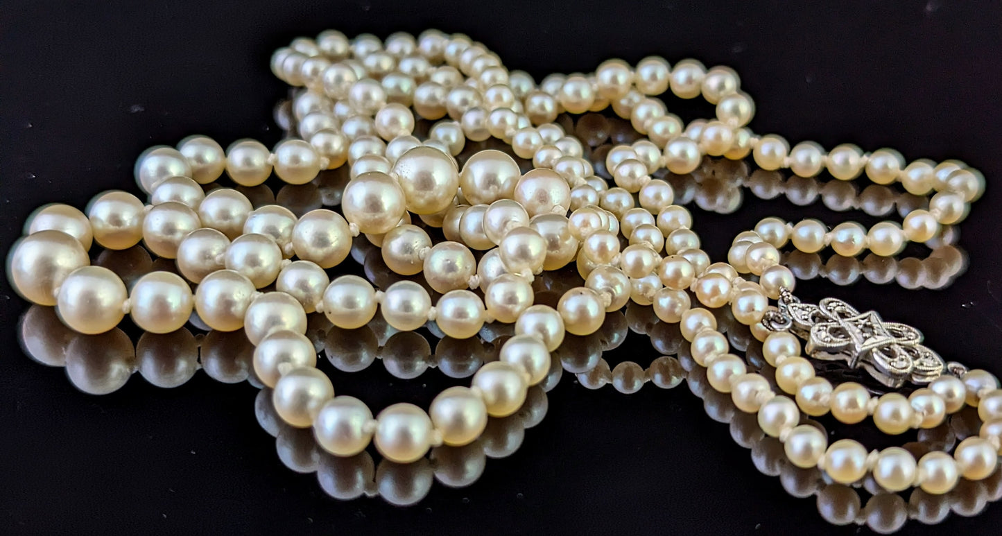 Vintage Double row cultured pearl necklace, Diamond clasp 9ct white gold, Art Deco