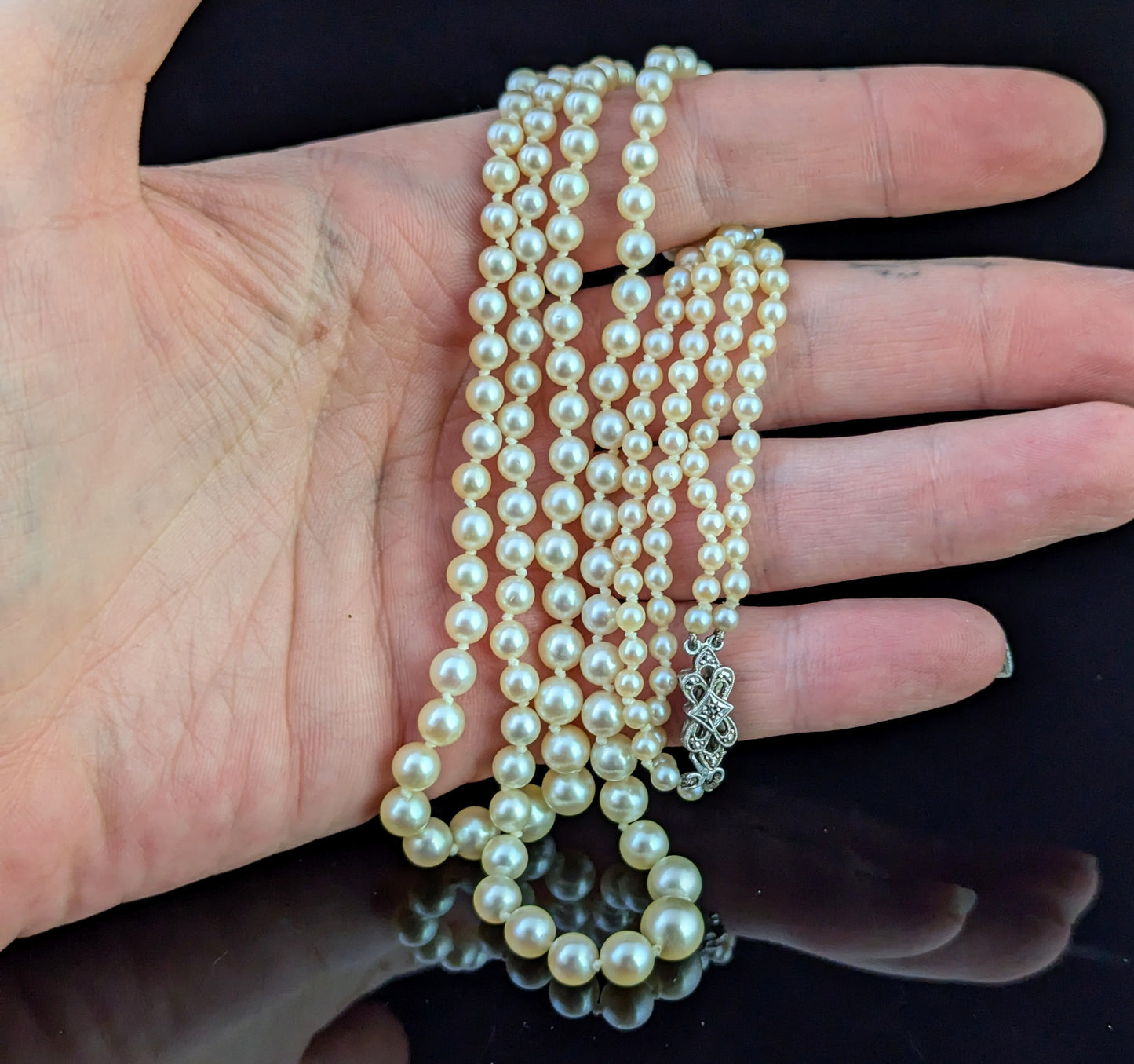 Vintage Double row cultured pearl necklace, Diamond clasp 9ct white gold, Art Deco
