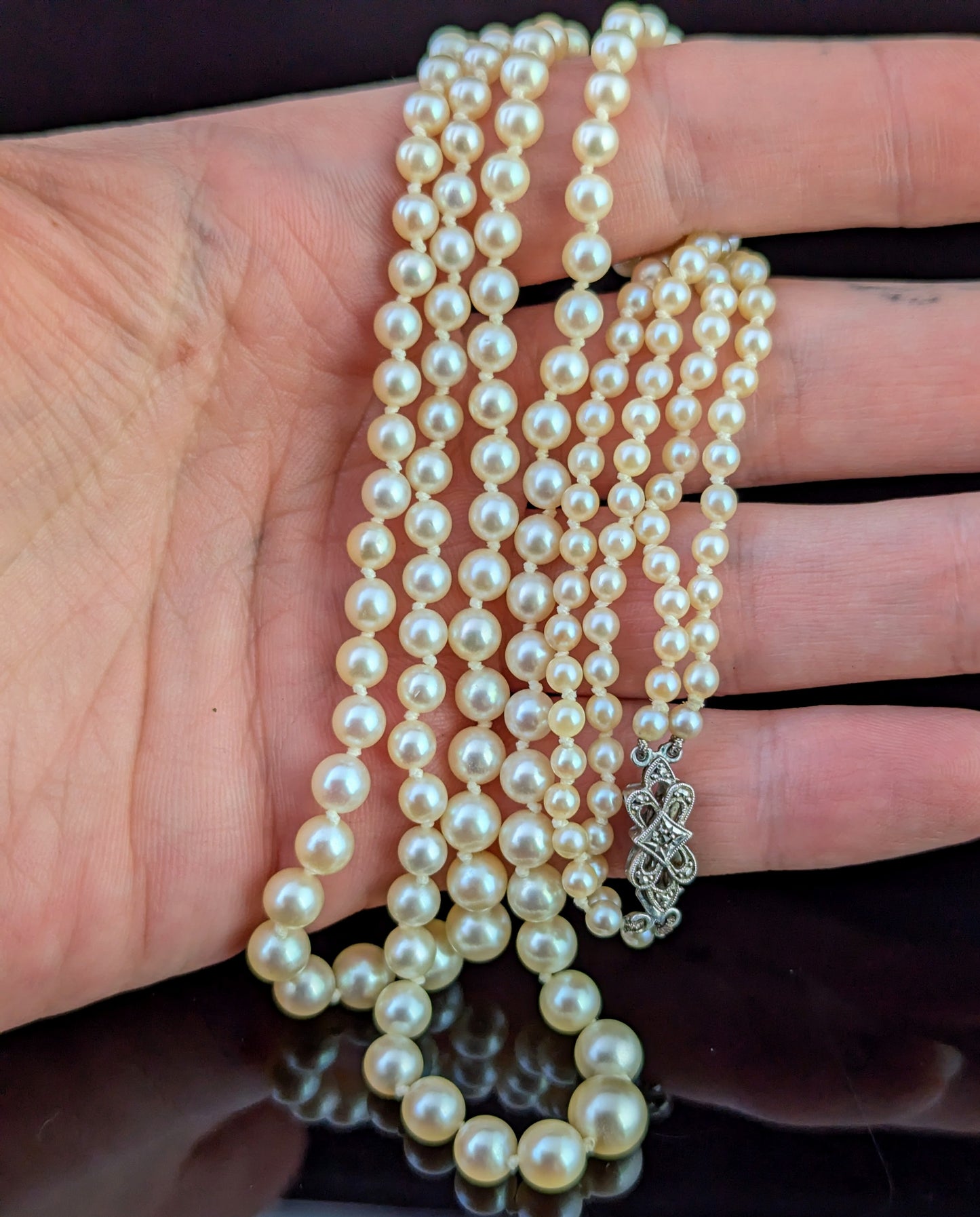 Vintage Double row cultured pearl necklace, Diamond clasp 9ct white gold, Art Deco