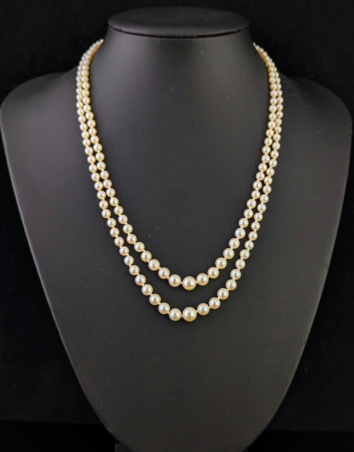 Vintage Double row cultured pearl necklace, Diamond clasp 9ct white gold, Art Deco