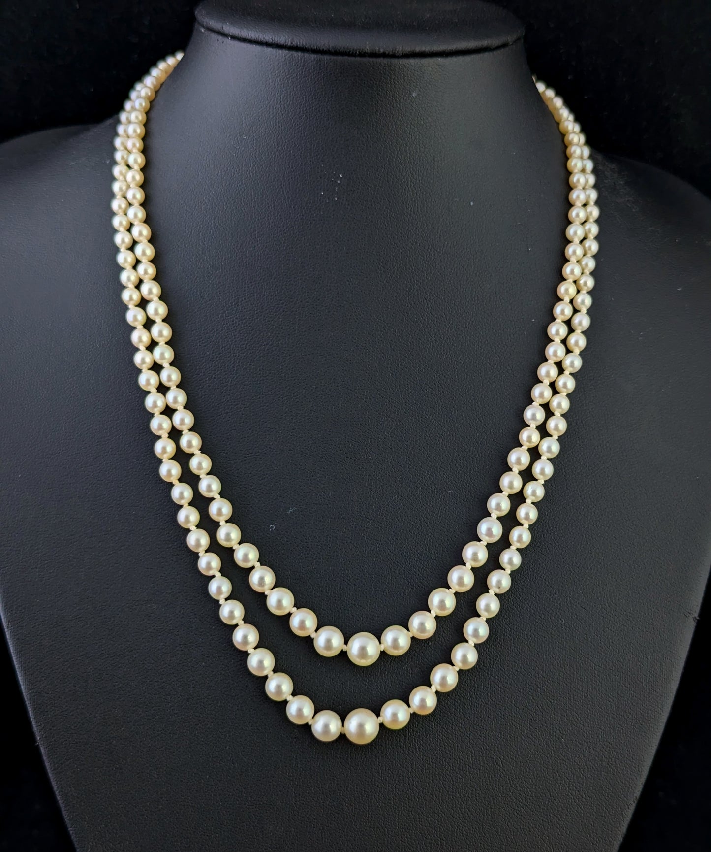 Vintage Double row cultured pearl necklace, Diamond clasp 9ct white gold, Art Deco