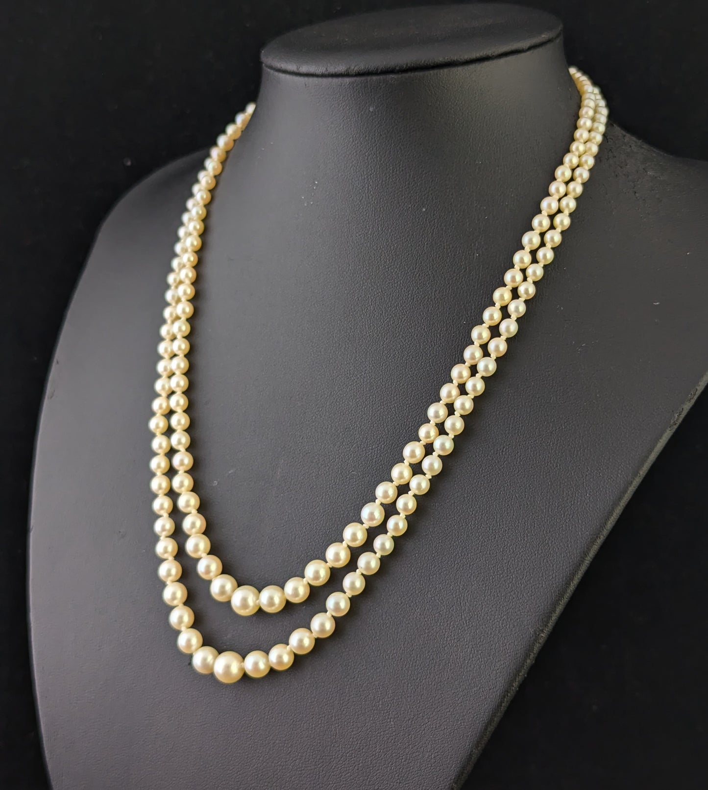 Vintage Double row cultured pearl necklace, Diamond clasp 9ct white gold, Art Deco