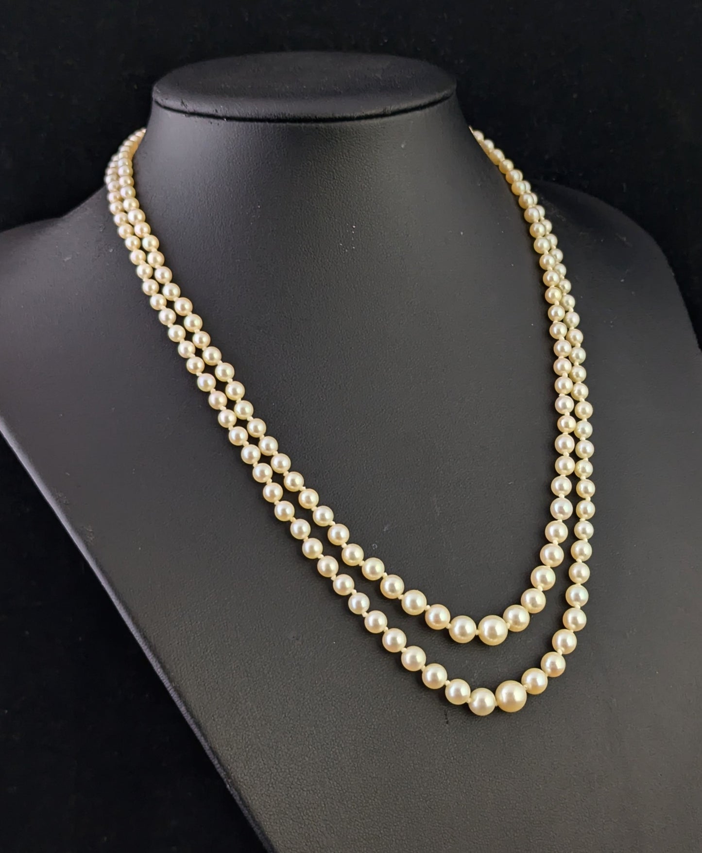 Vintage Double row cultured pearl necklace, Diamond clasp 9ct white gold, Art Deco