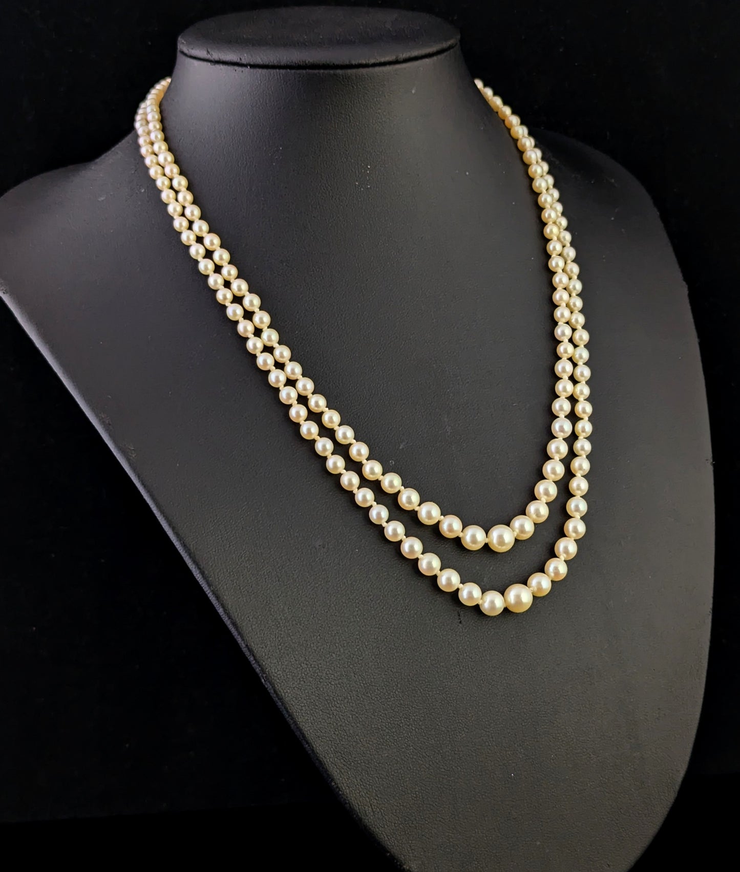 Vintage Double row cultured pearl necklace, Diamond clasp 9ct white gold, Art Deco