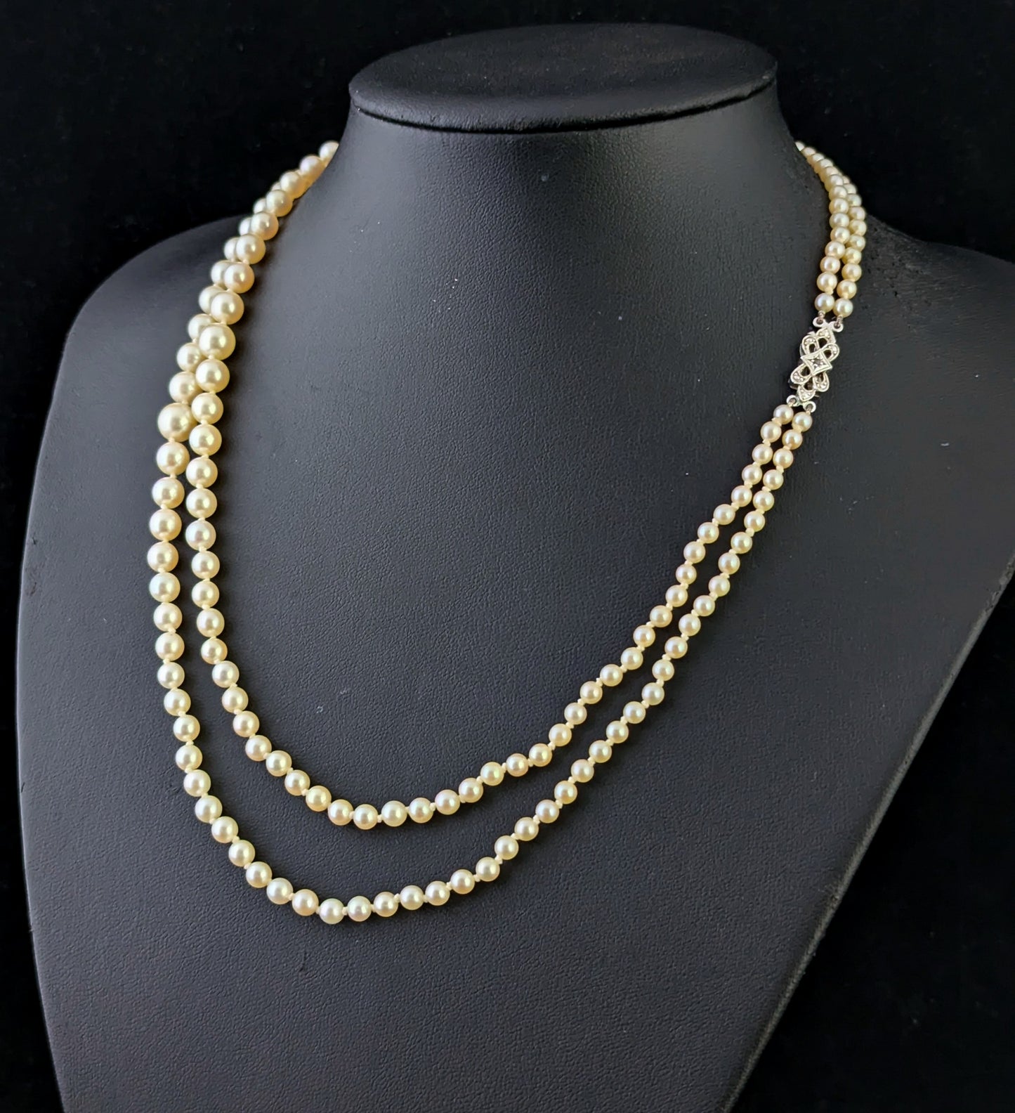 Vintage Double row cultured pearl necklace, Diamond clasp 9ct white gold, Art Deco