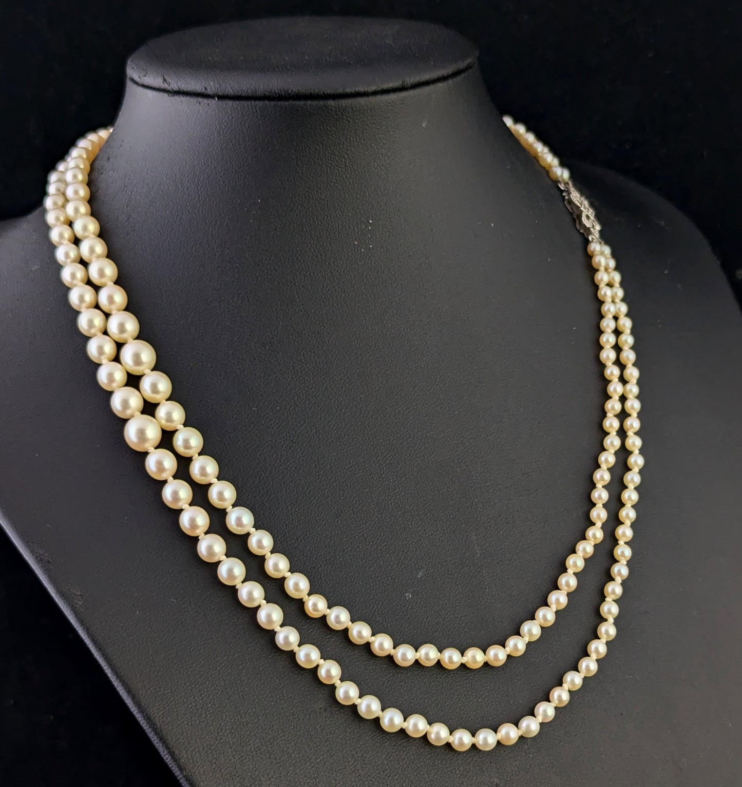 Vintage Double row cultured pearl necklace, Diamond clasp 9ct white gold, Art Deco