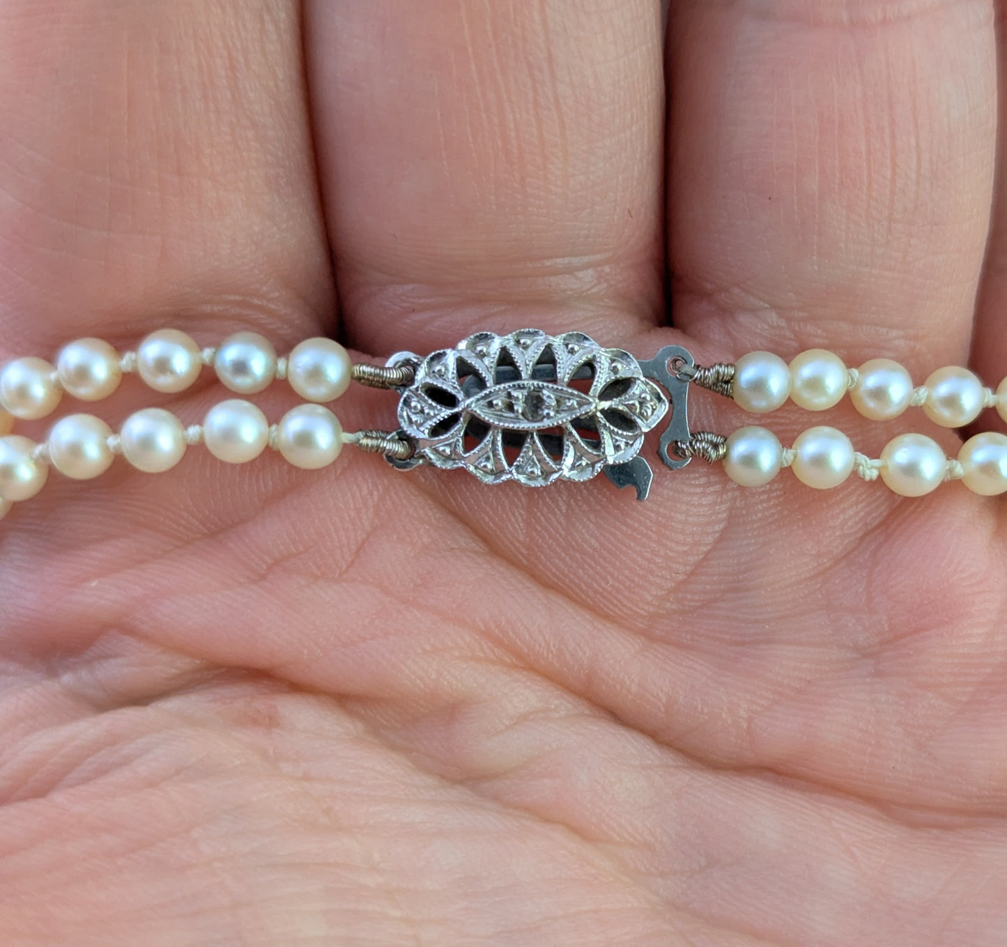 Vintage Art Double row cultured pearl necklace, Diamond clasp, 9ct white gold