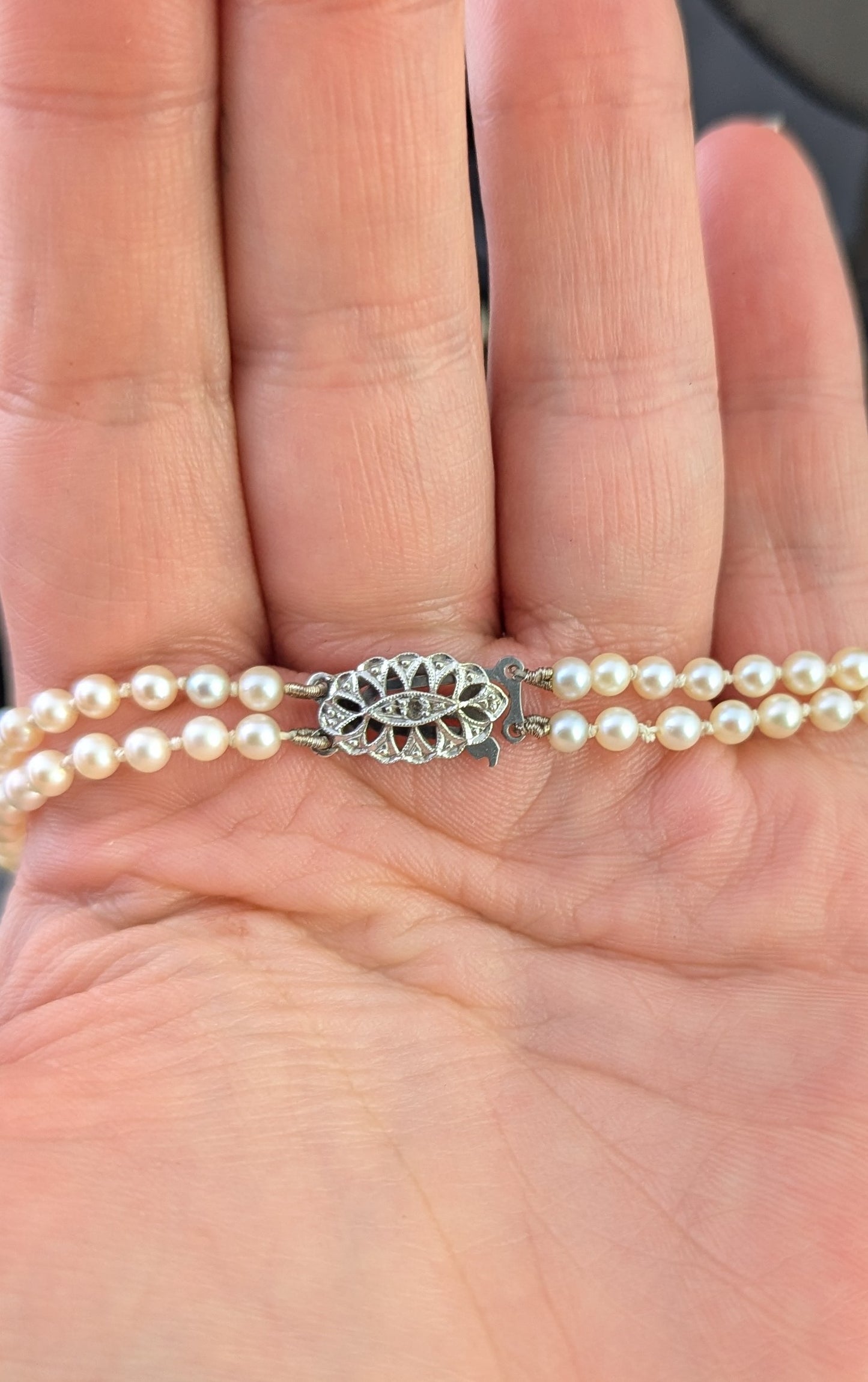 Vintage Art Double row cultured pearl necklace, Diamond clasp, 9ct white gold