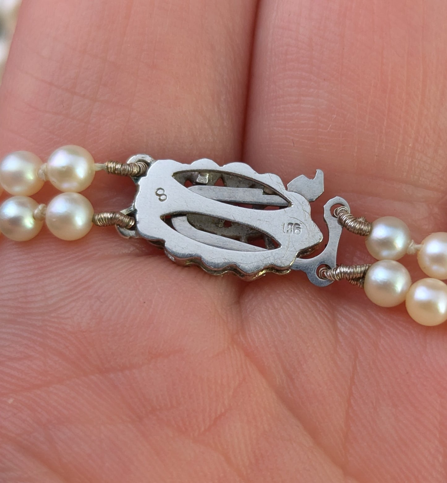 Vintage Art Double row cultured pearl necklace, Diamond clasp, 9ct white gold