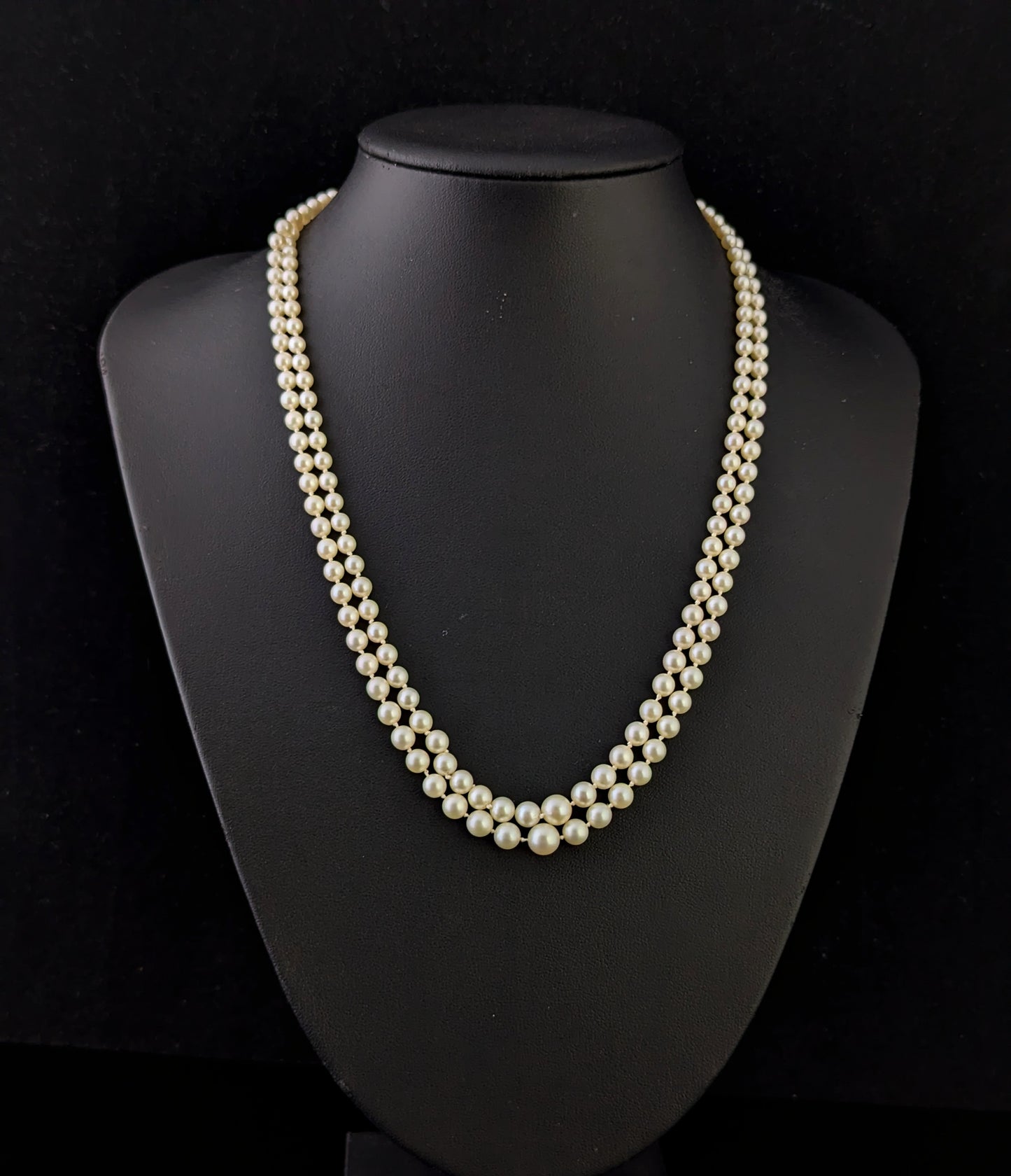Vintage Art Double row cultured pearl necklace, Diamond clasp, 9ct white gold