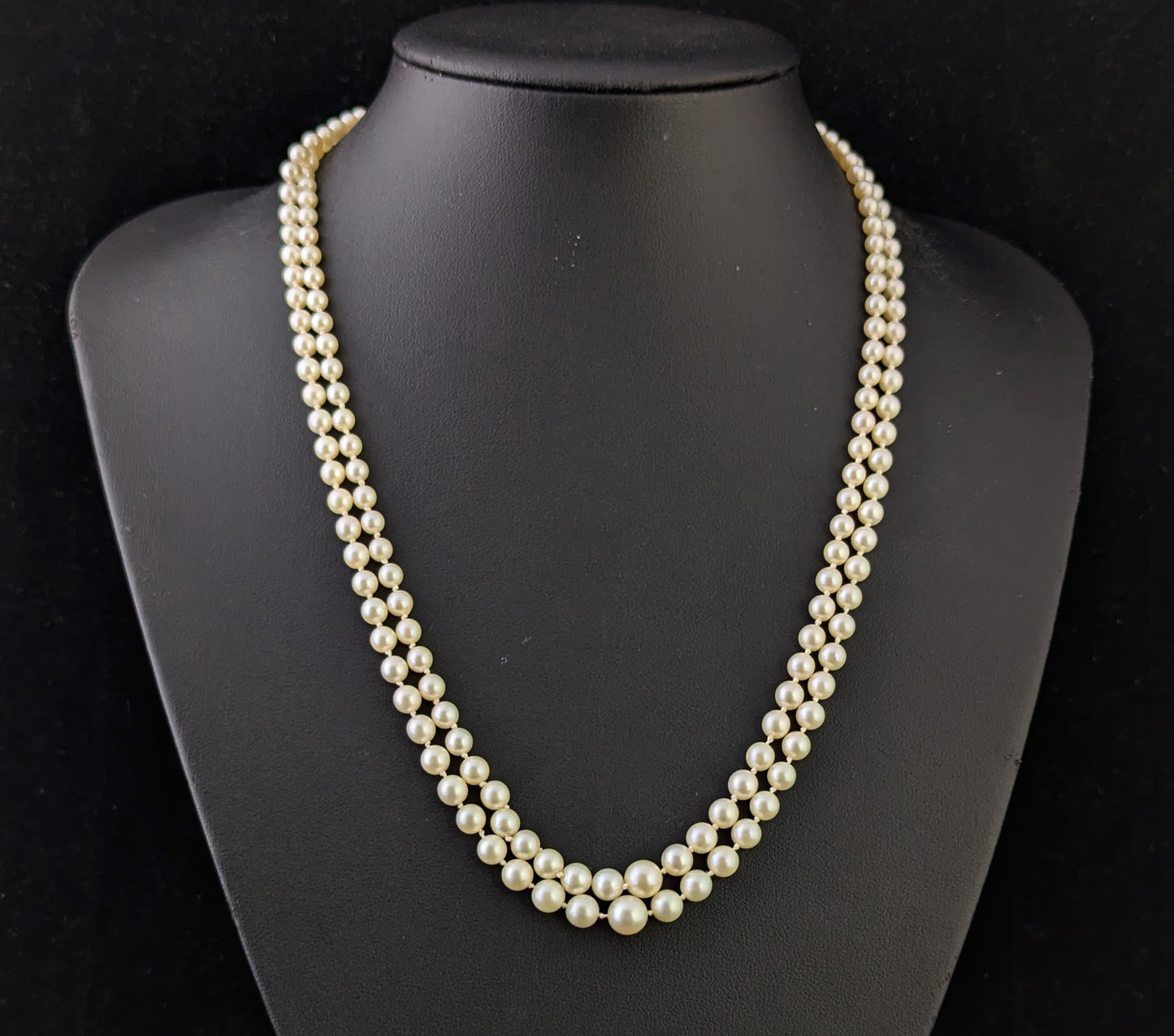 Vintage Art Double row cultured pearl necklace, Diamond clasp, 9ct white gold