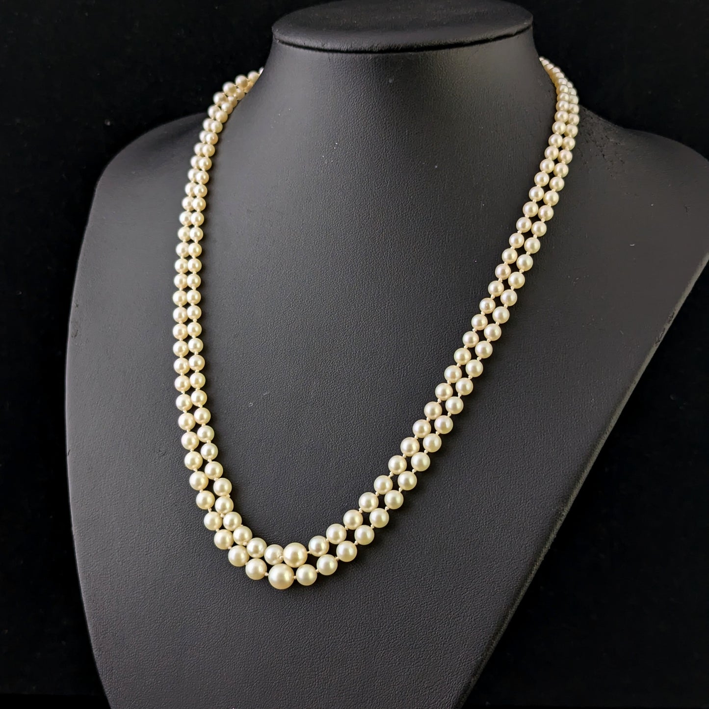 Vintage Art Double row cultured pearl necklace, Diamond clasp, 9ct white gold