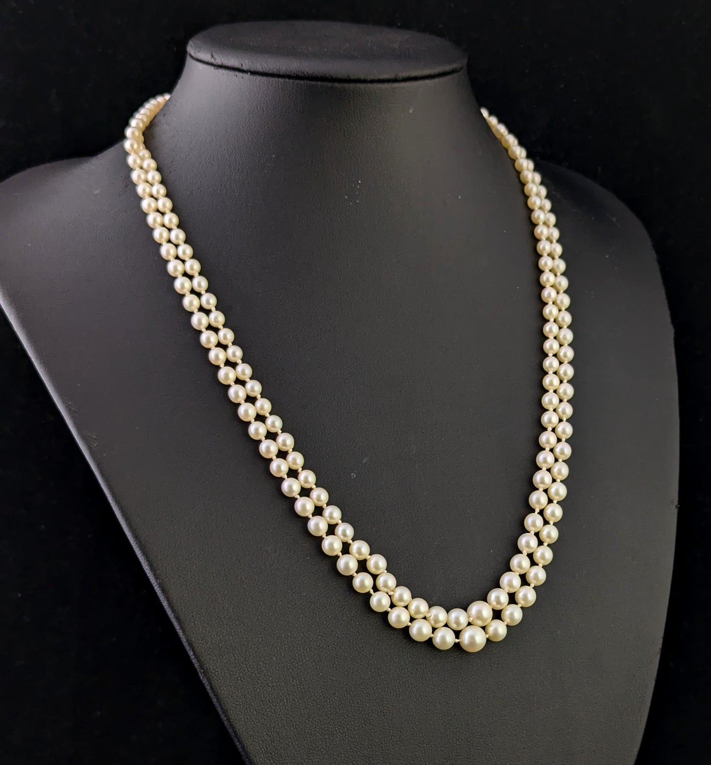 Vintage Art Double row cultured pearl necklace, Diamond clasp, 9ct white gold