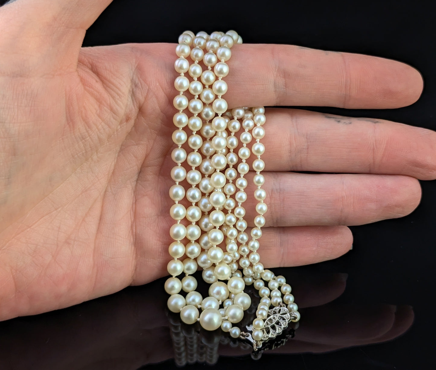 Vintage Art Double row cultured pearl necklace, Diamond clasp, 9ct white gold