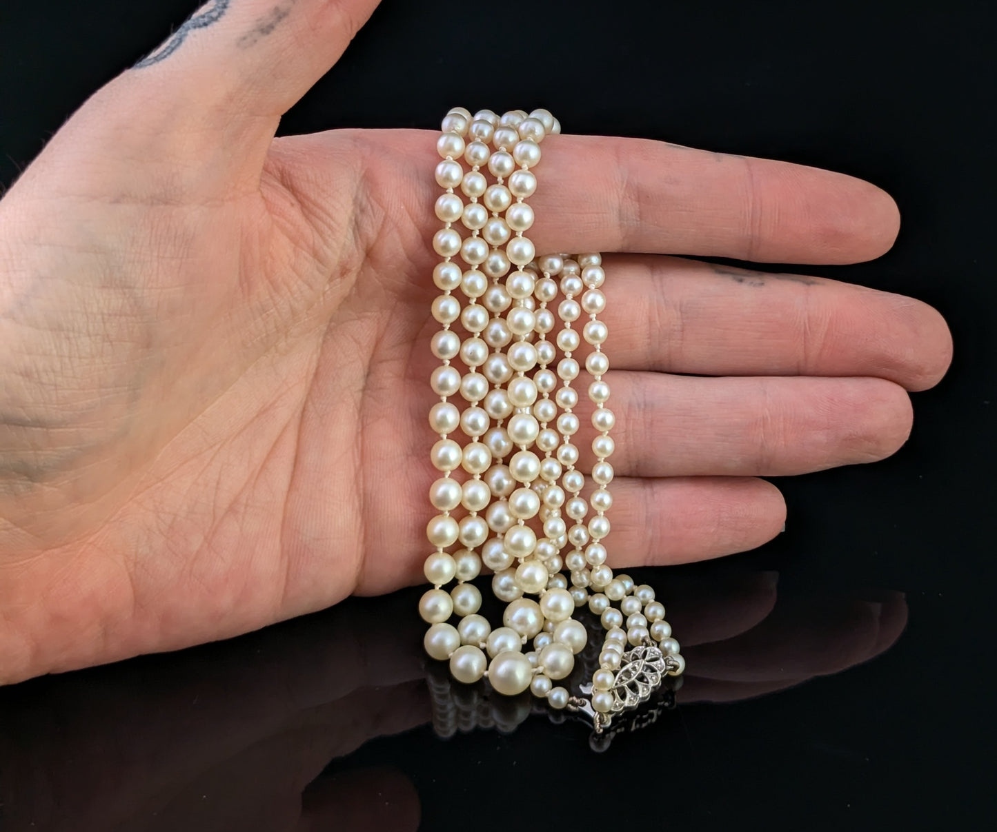 Vintage Art Double row cultured pearl necklace, Diamond clasp, 9ct white gold