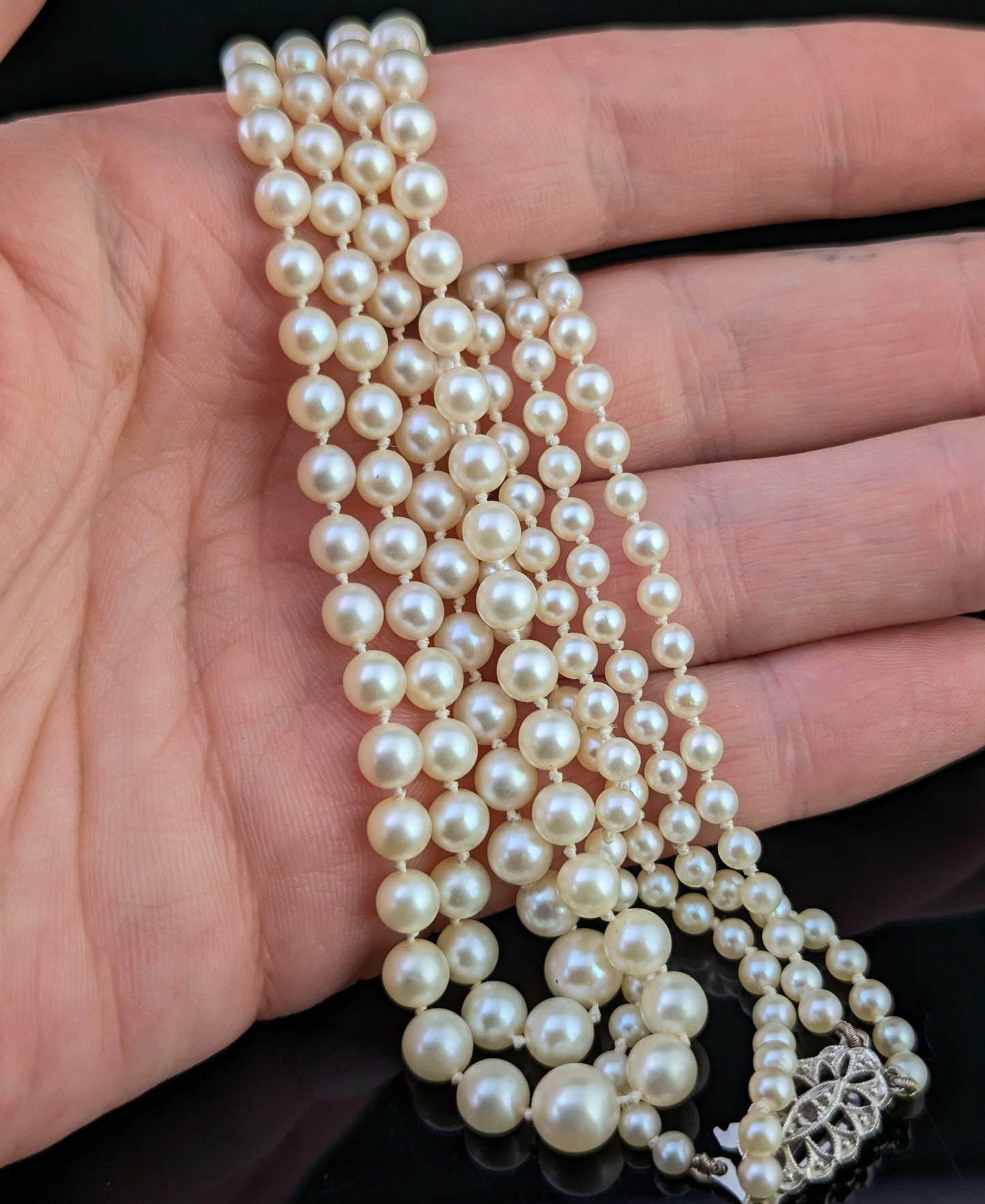 Vintage Art Double row cultured pearl necklace, Diamond clasp, 9ct white gold