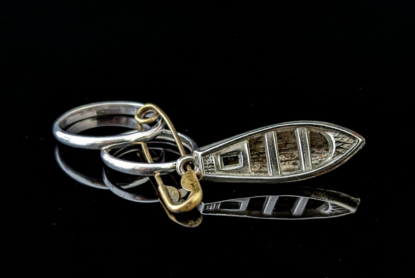 Vintage sterling silver wedding bands, boat charm, Dangly pendant