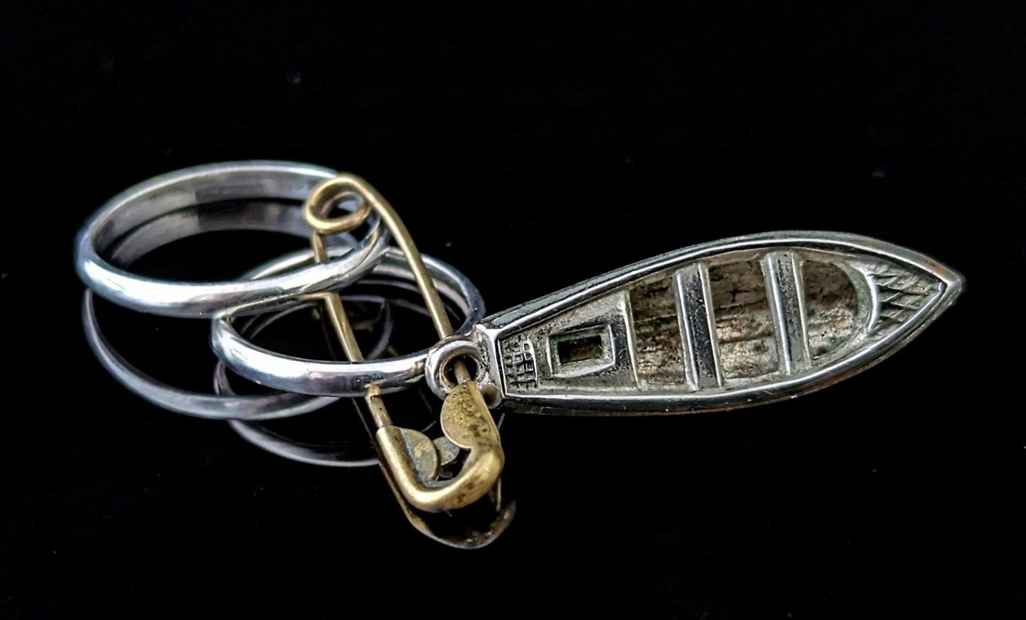 Vintage sterling silver wedding bands, boat charm, Dangly pendant