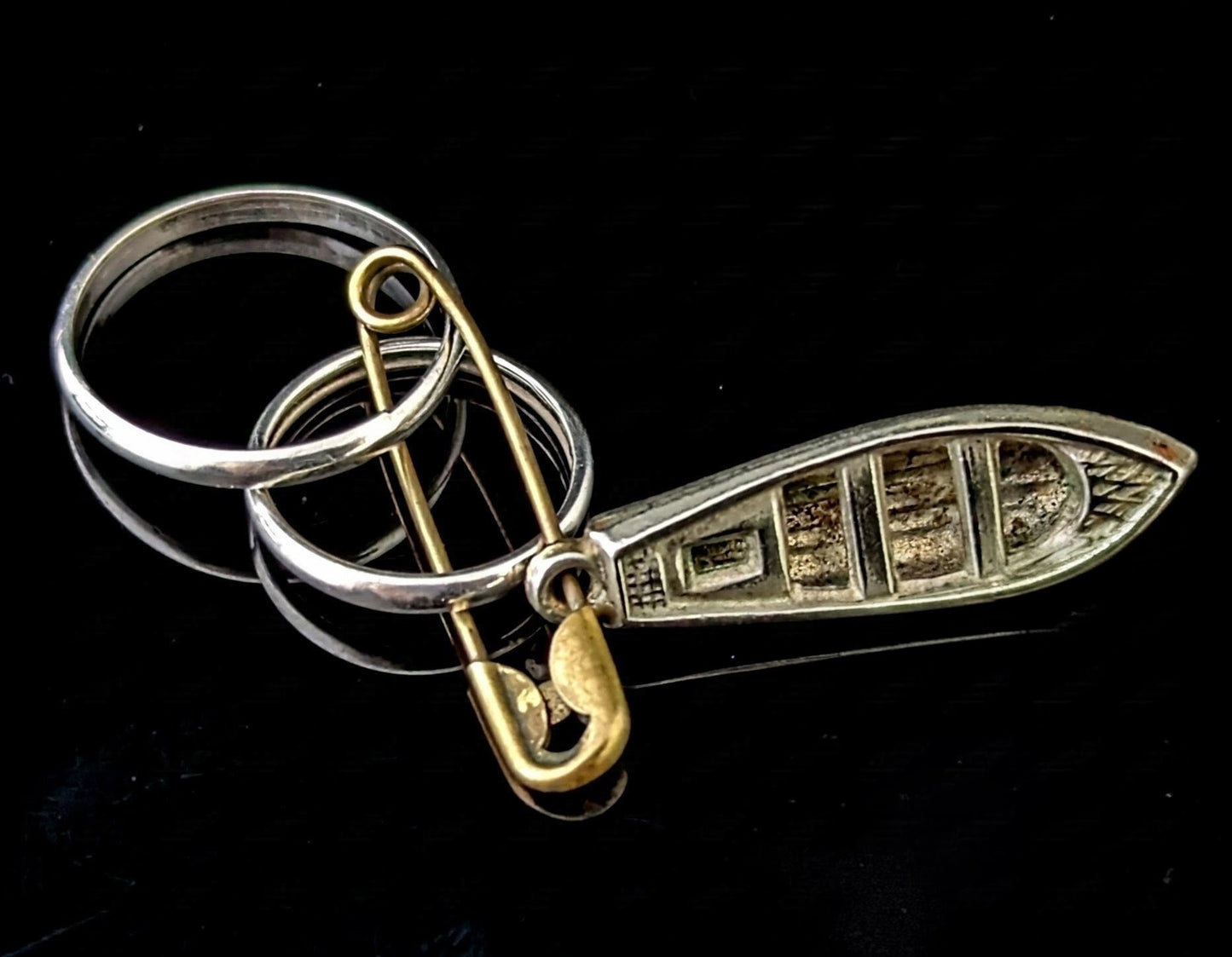 Vintage sterling silver wedding bands, boat charm, Dangly pendant
