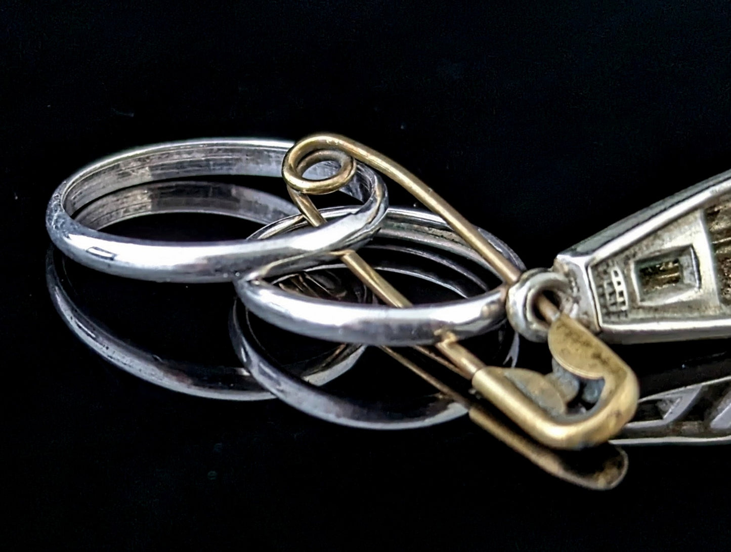 Vintage sterling silver wedding bands, boat charm, Dangly pendant