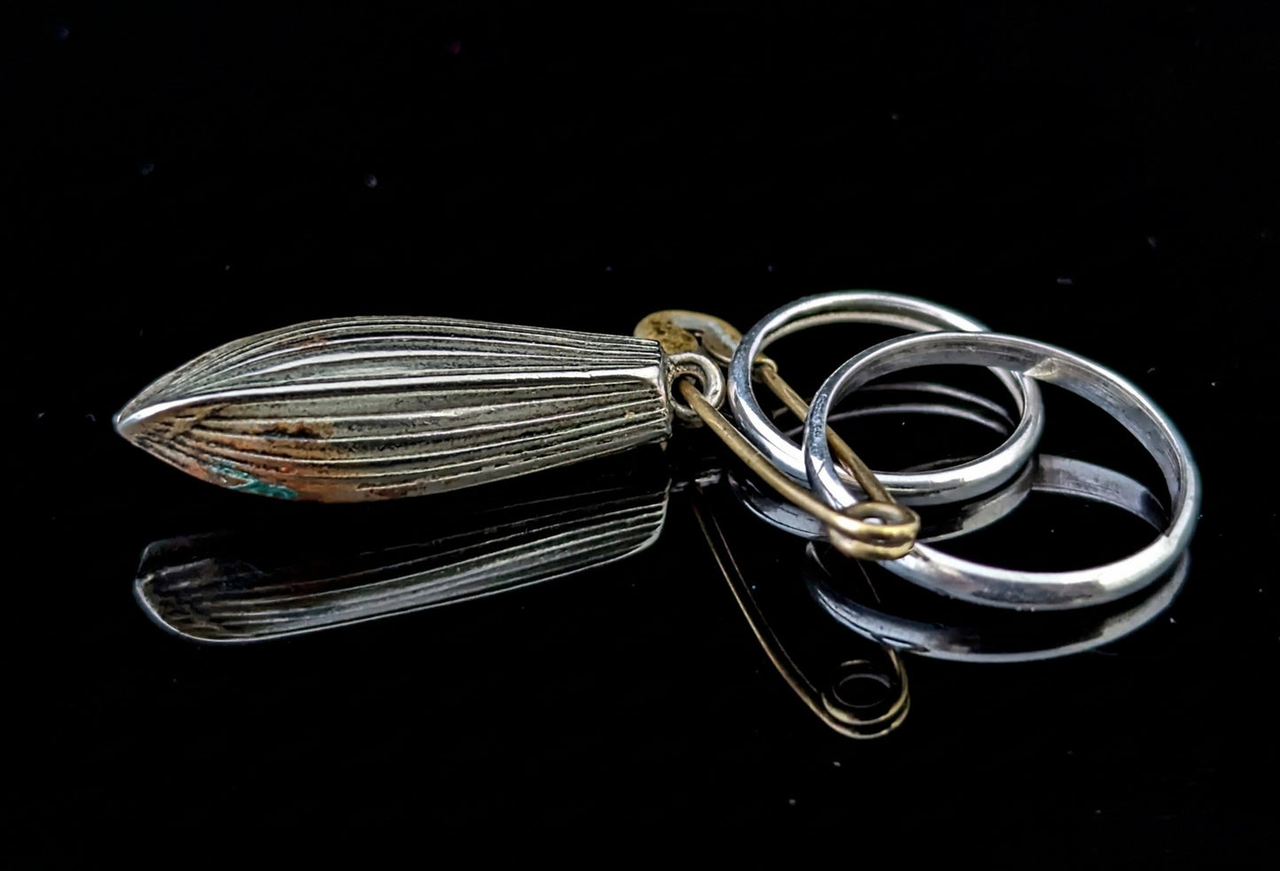 Vintage sterling silver wedding bands, boat charm, Dangly pendant