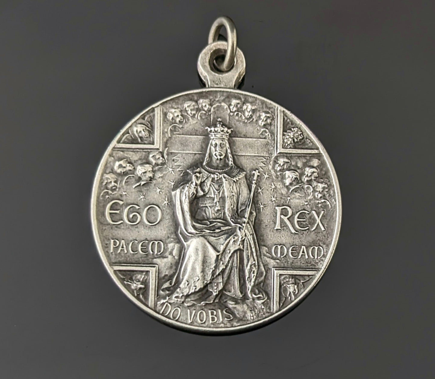 Antique French silver religious medallion pendant, Christ the King