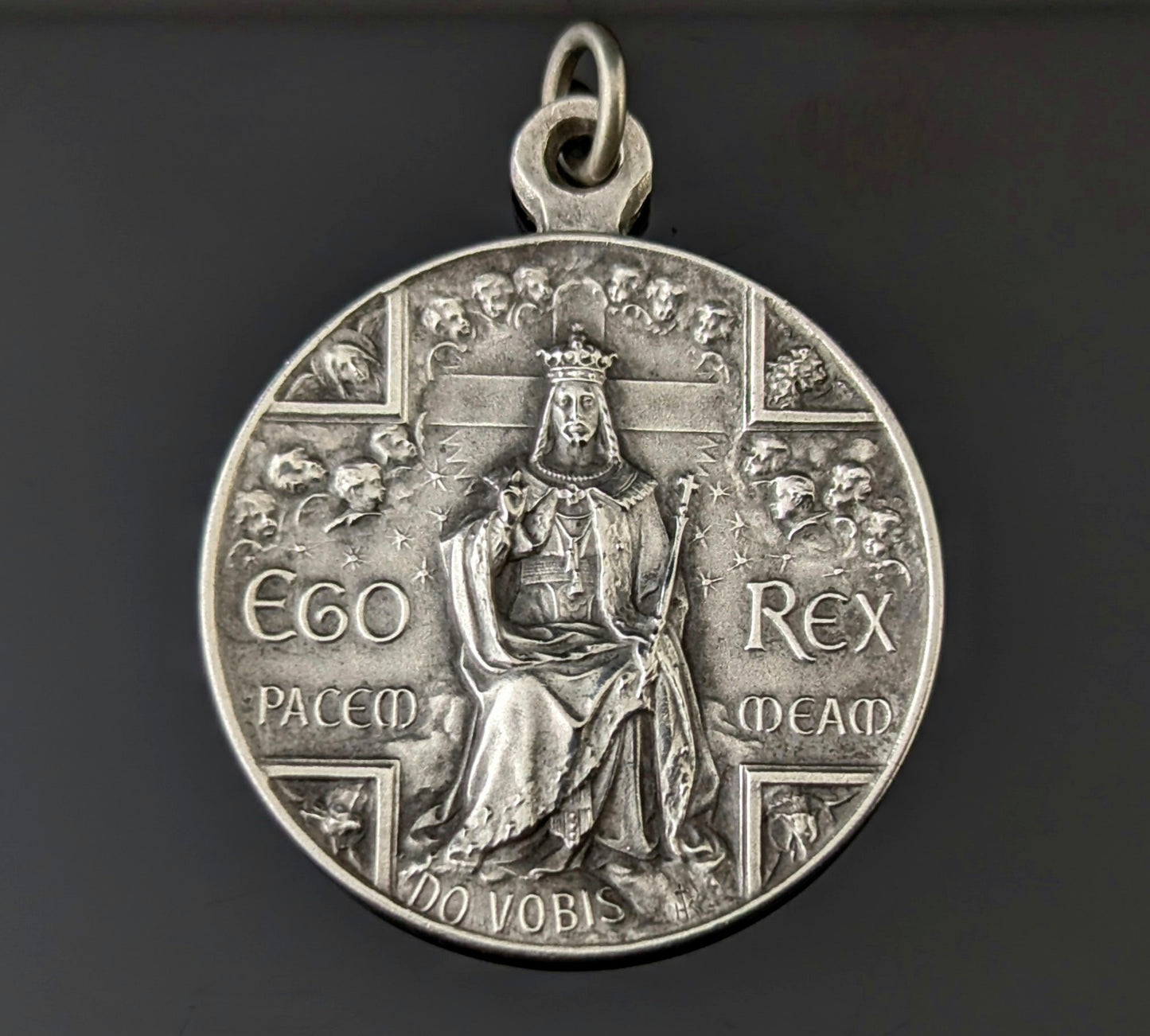 Antique French silver religious medallion pendant, Christ the King