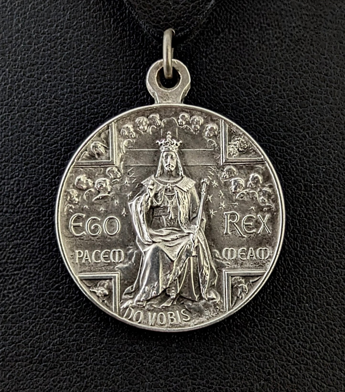 Antique French silver religious medallion pendant, Christ the King