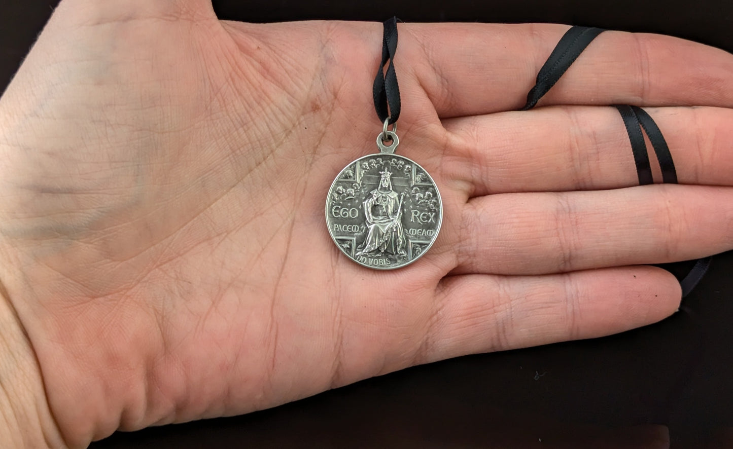 Antique French silver religious medallion pendant, Christ the King