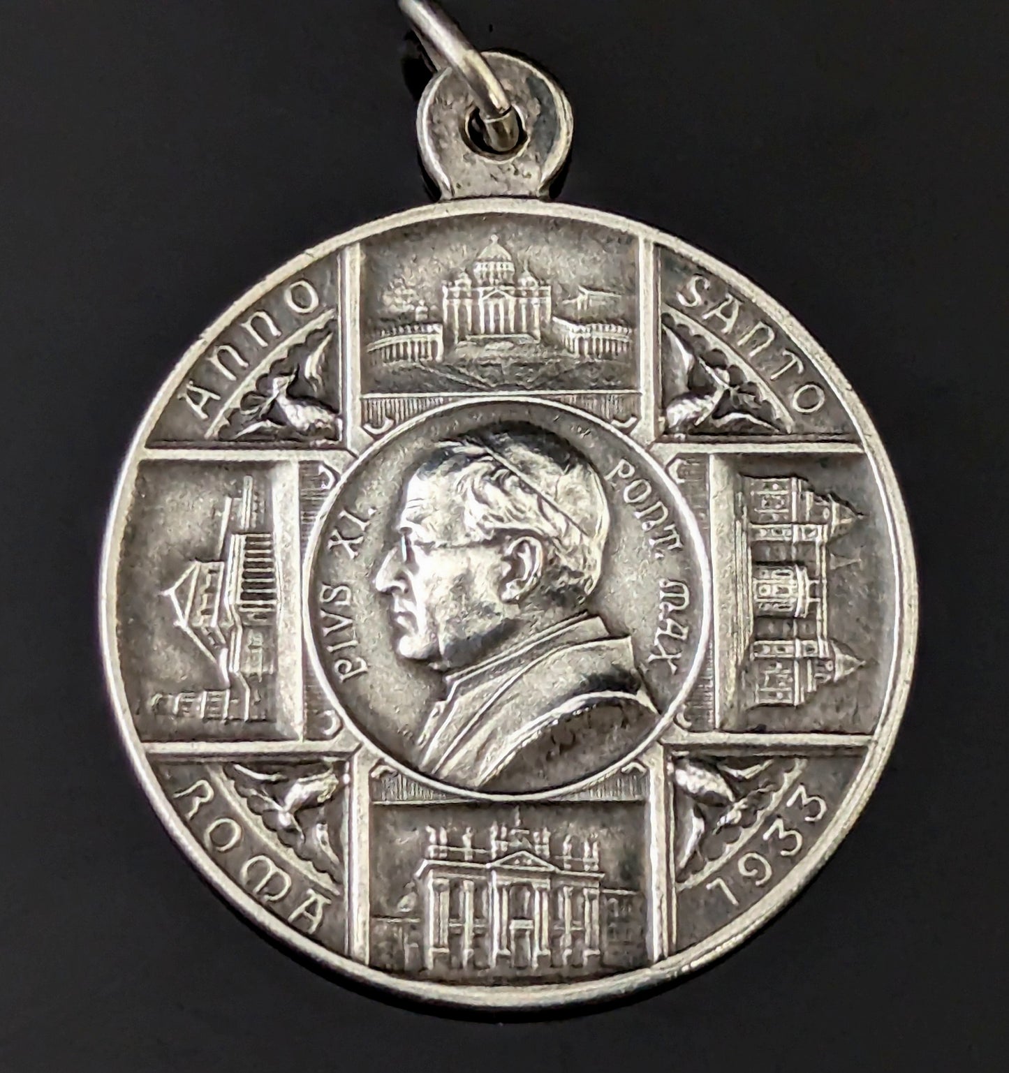 Antique silver religious medallion pendant, Pope Pius XI