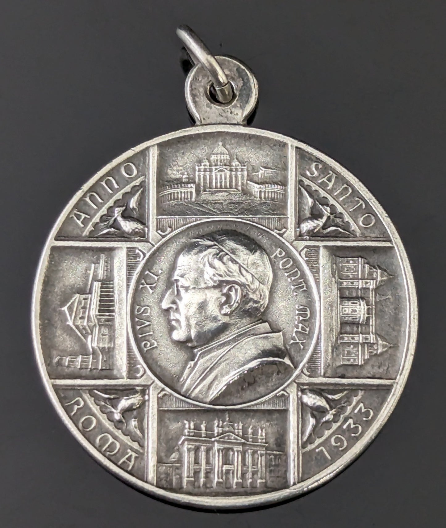 Antique silver religious medallion pendant, Pope Pius XI