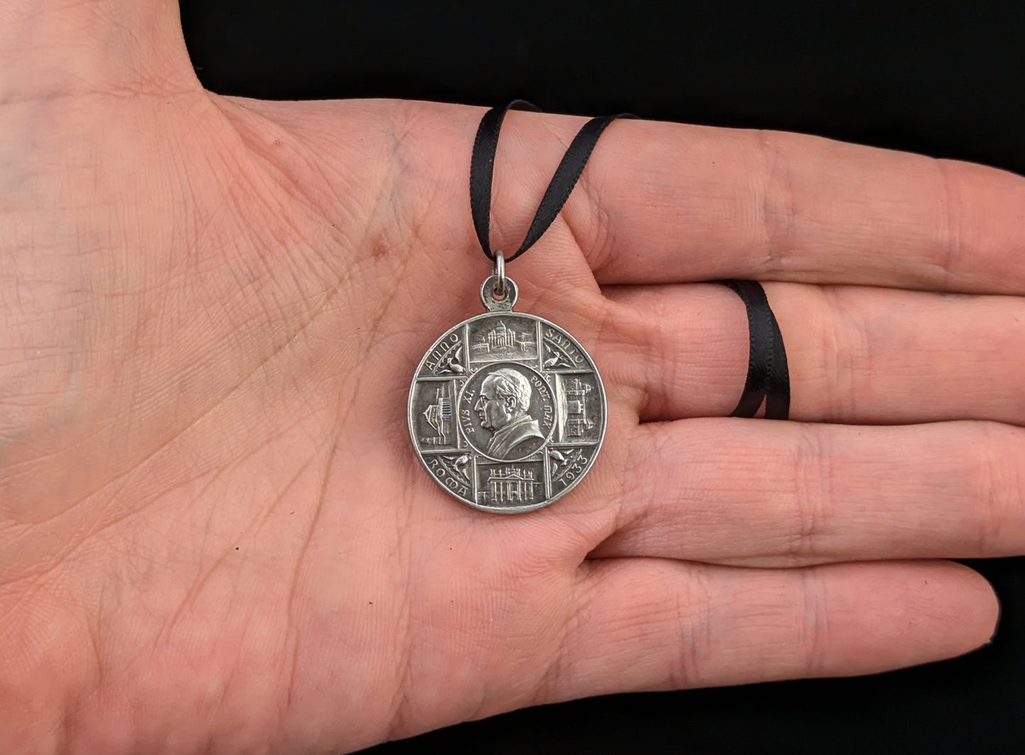 Antique silver religious medallion pendant, Pope Pius XI