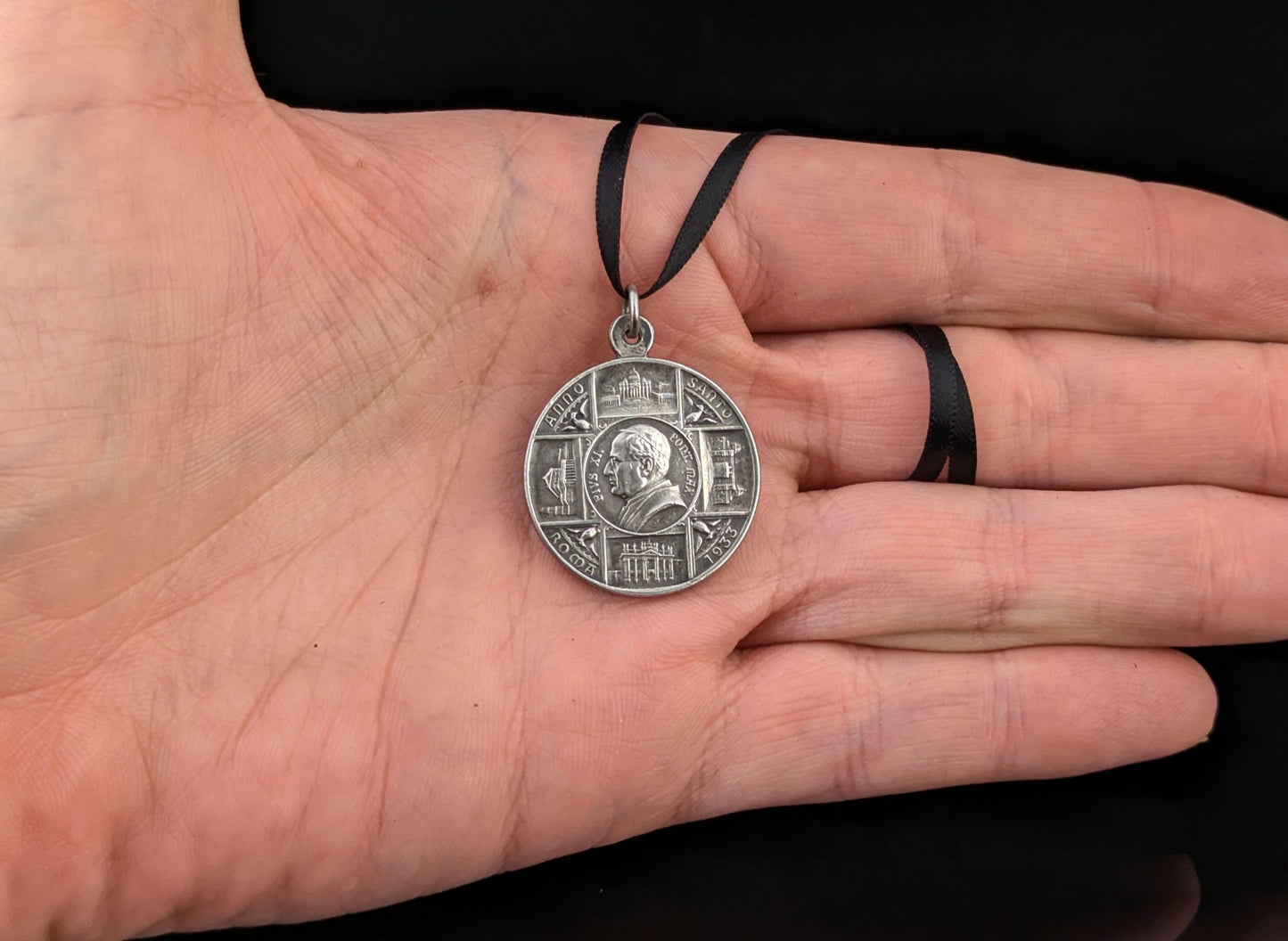 Antique silver religious medallion pendant, Pope Pius XI