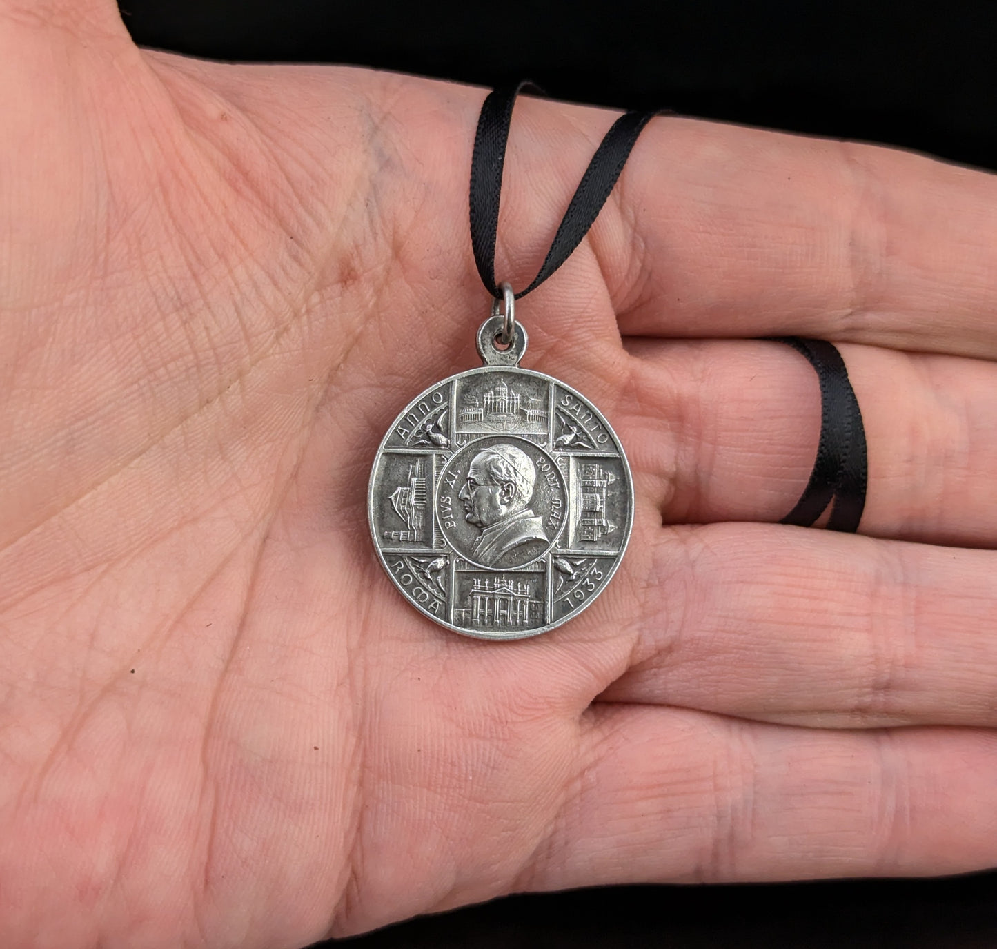 Antique silver religious medallion pendant, Pope Pius XI