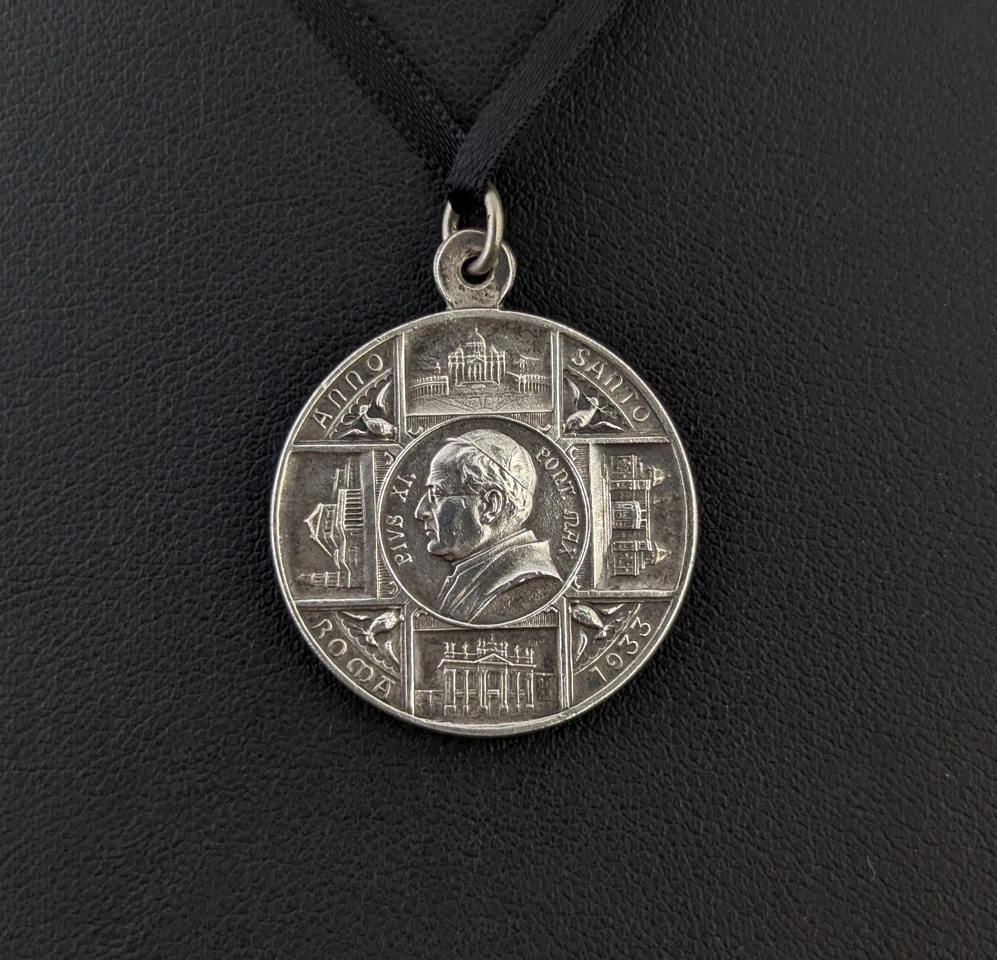 Antique silver religious medallion pendant, Pope Pius XI