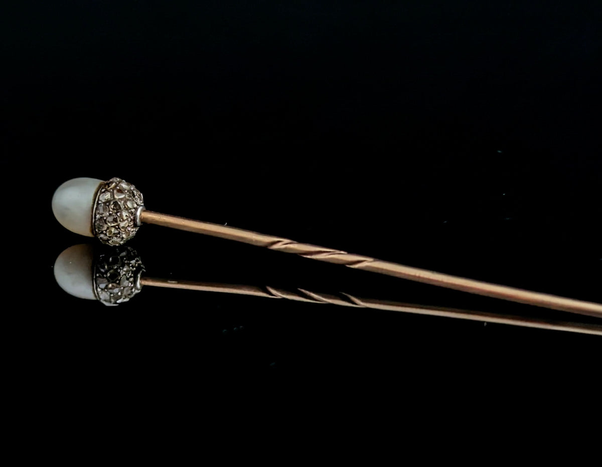 Antique Diamond and Pearl Acorn stick pin, 9ct gold, Sterling silver, Symbolic, Growth