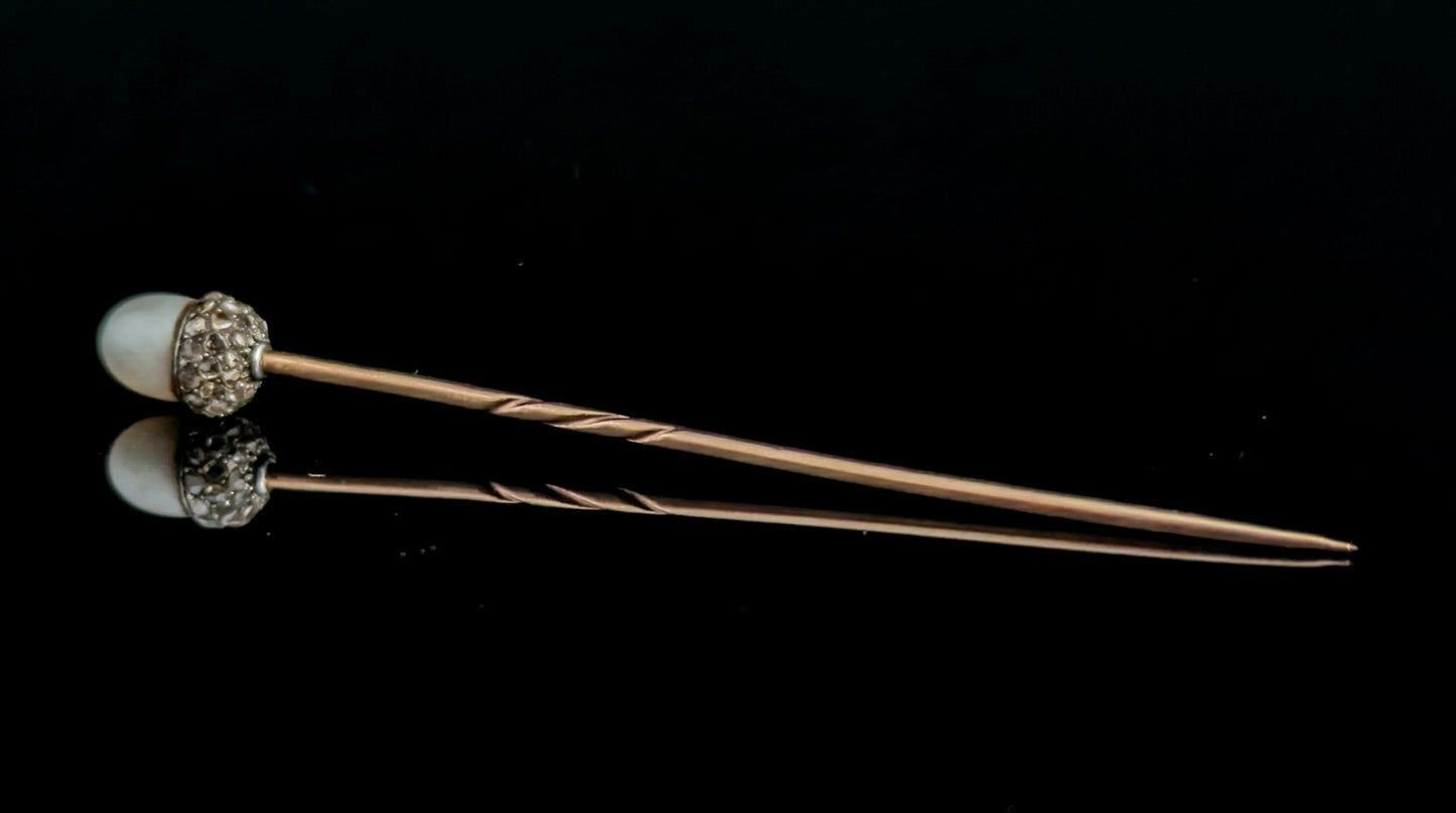 Antique Diamond and Pearl Acorn stick pin, 9ct gold, Sterling silver, Symbolic, Growth