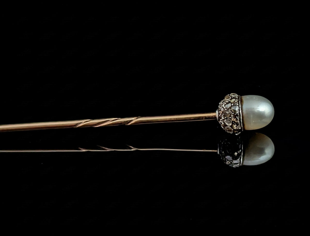 Antique Diamond and Pearl Acorn stick pin, 9ct gold, Sterling silver, Symbolic, Growth