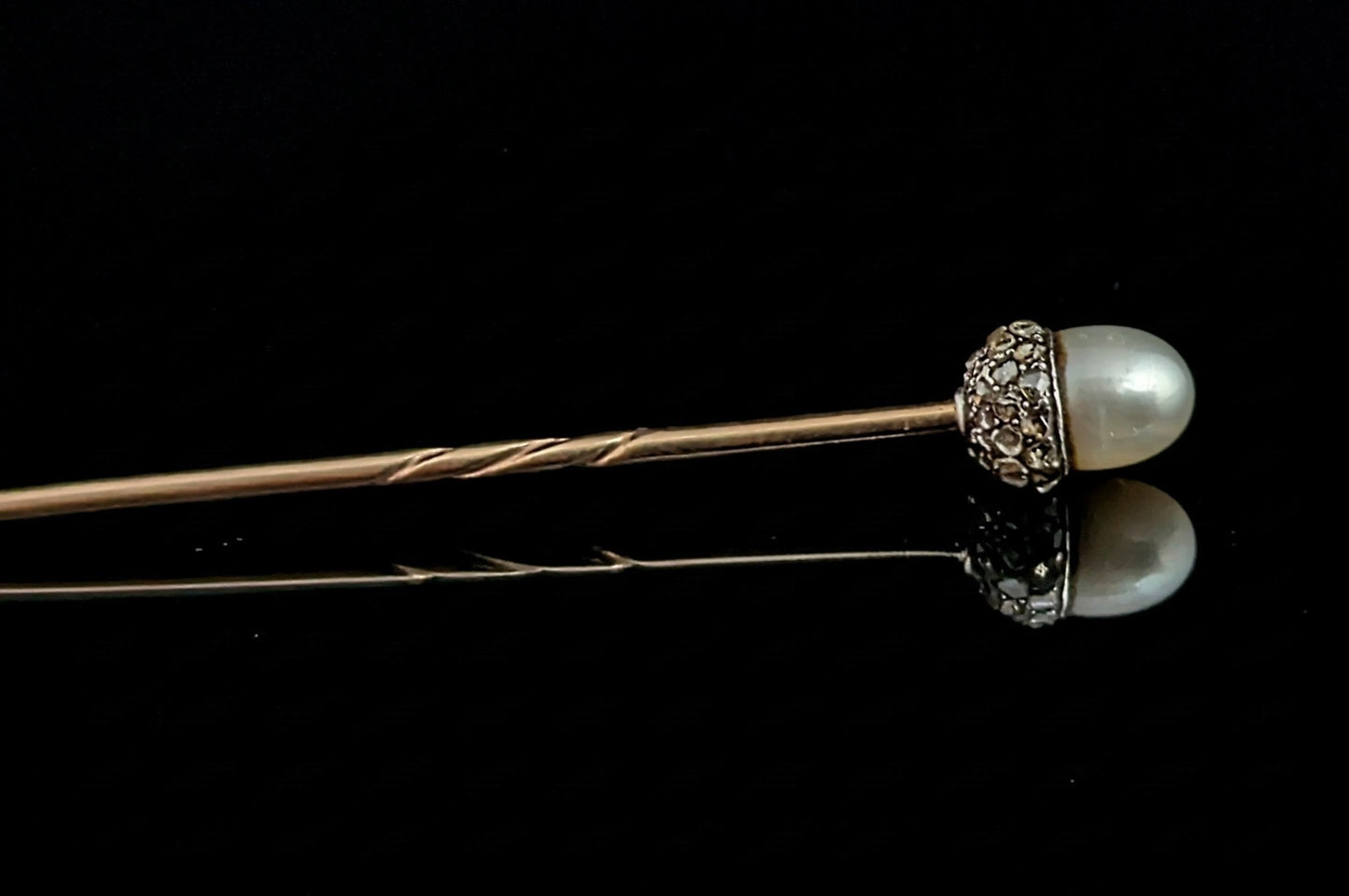 Antique Diamond and Pearl Acorn stick pin, 9ct gold, Sterling silver, Symbolic, Growth