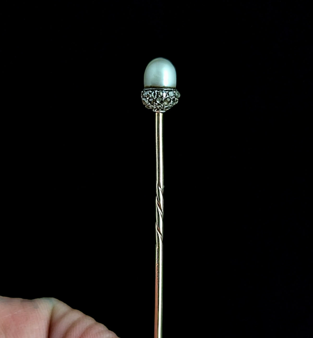 Antique Diamond and Pearl Acorn stick pin, 9ct gold, Sterling silver, Symbolic, Growth