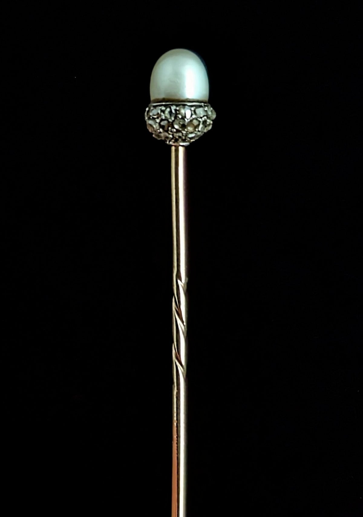 Antique Diamond and Pearl Acorn stick pin, 9ct gold, Sterling silver, Symbolic, Growth