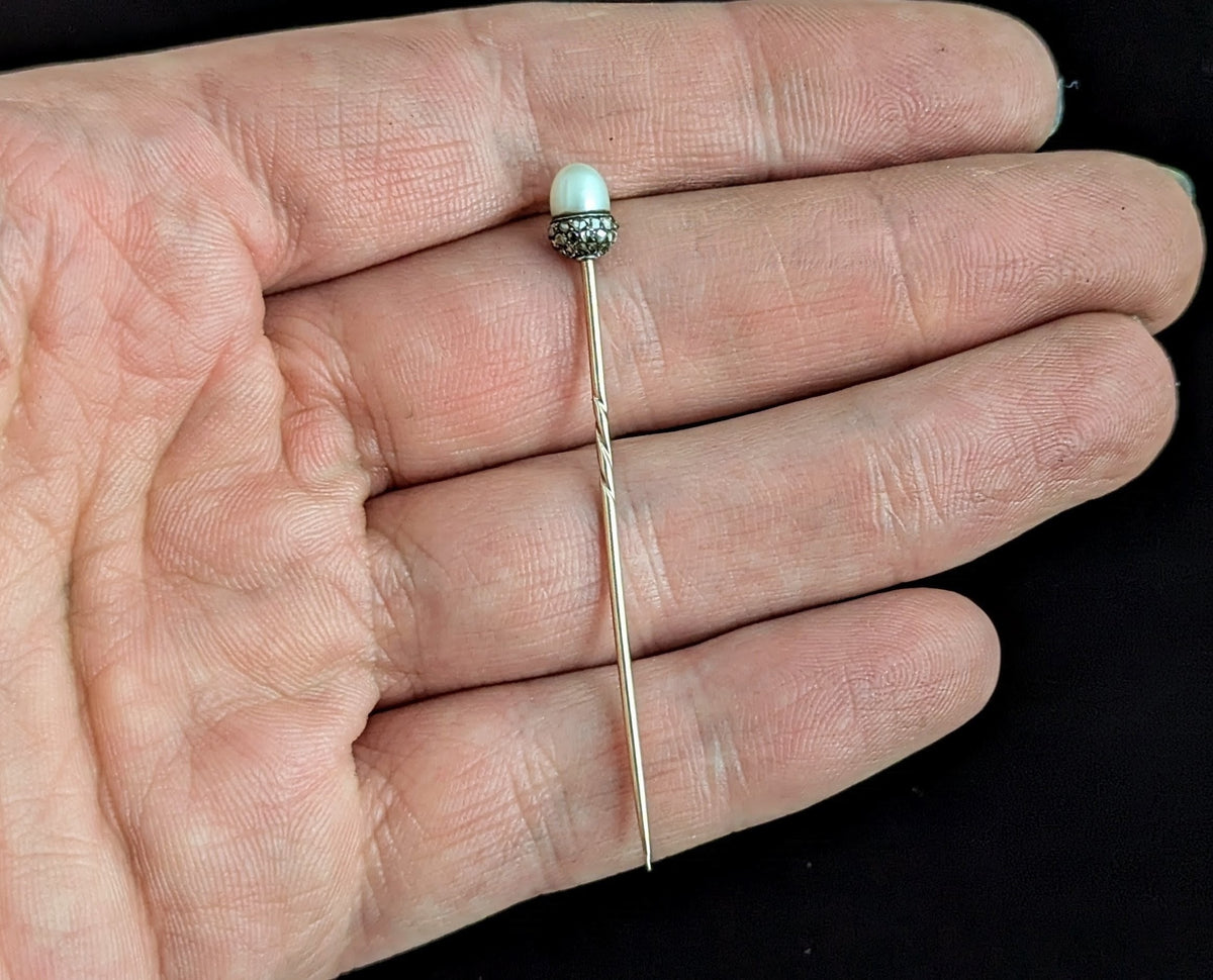 Antique Diamond and Pearl Acorn stick pin, 9ct gold, Sterling silver, Symbolic, Growth