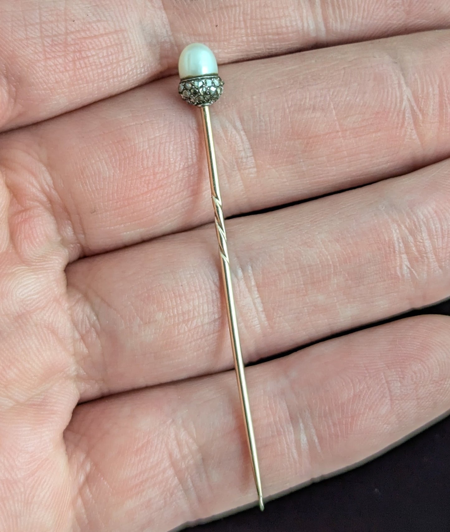 Antique Diamond and Pearl Acorn stick pin, 9ct gold, Sterling silver, Symbolic, Growth