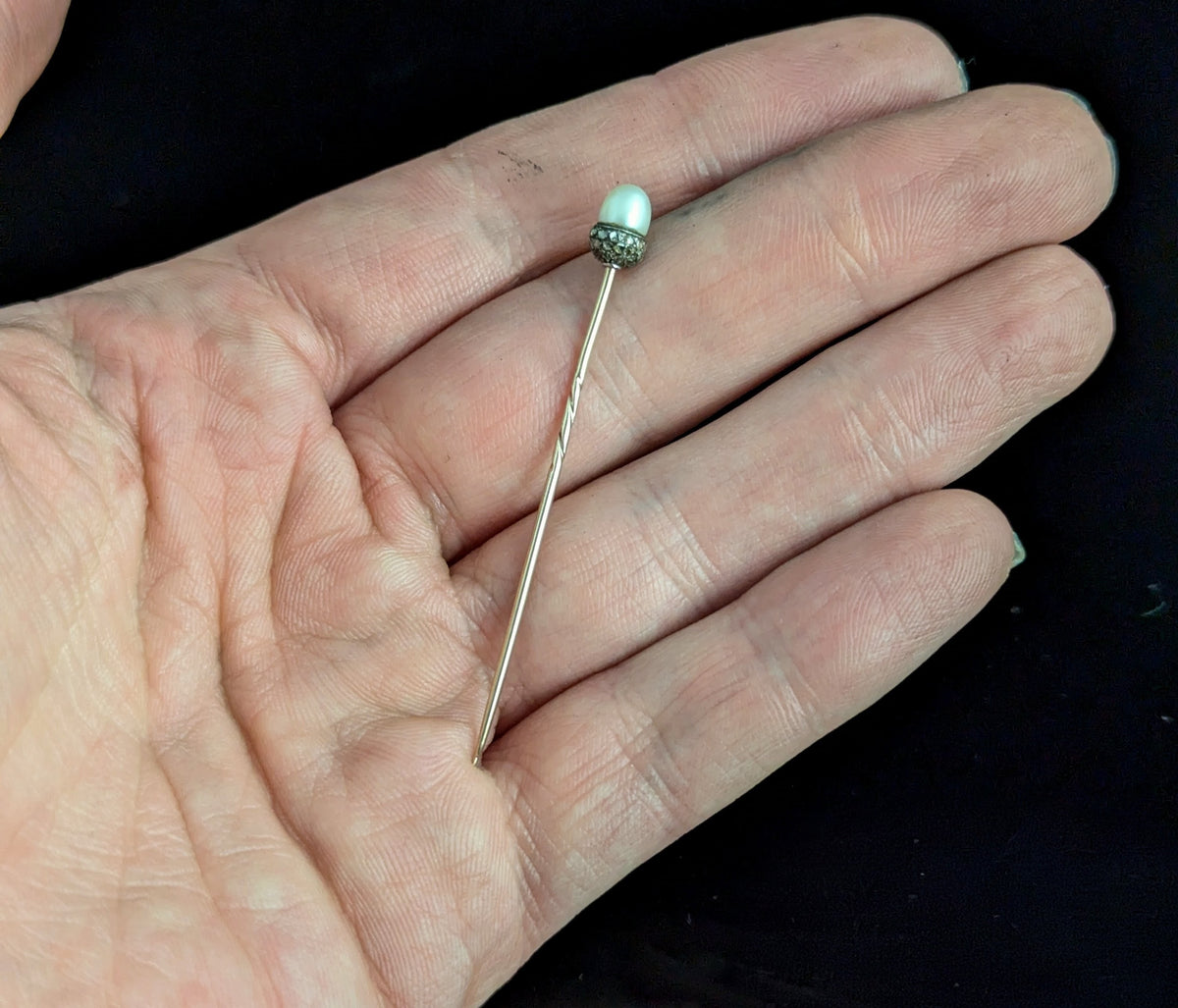 Antique Diamond and Pearl Acorn stick pin, 9ct gold, Sterling silver, Symbolic, Growth