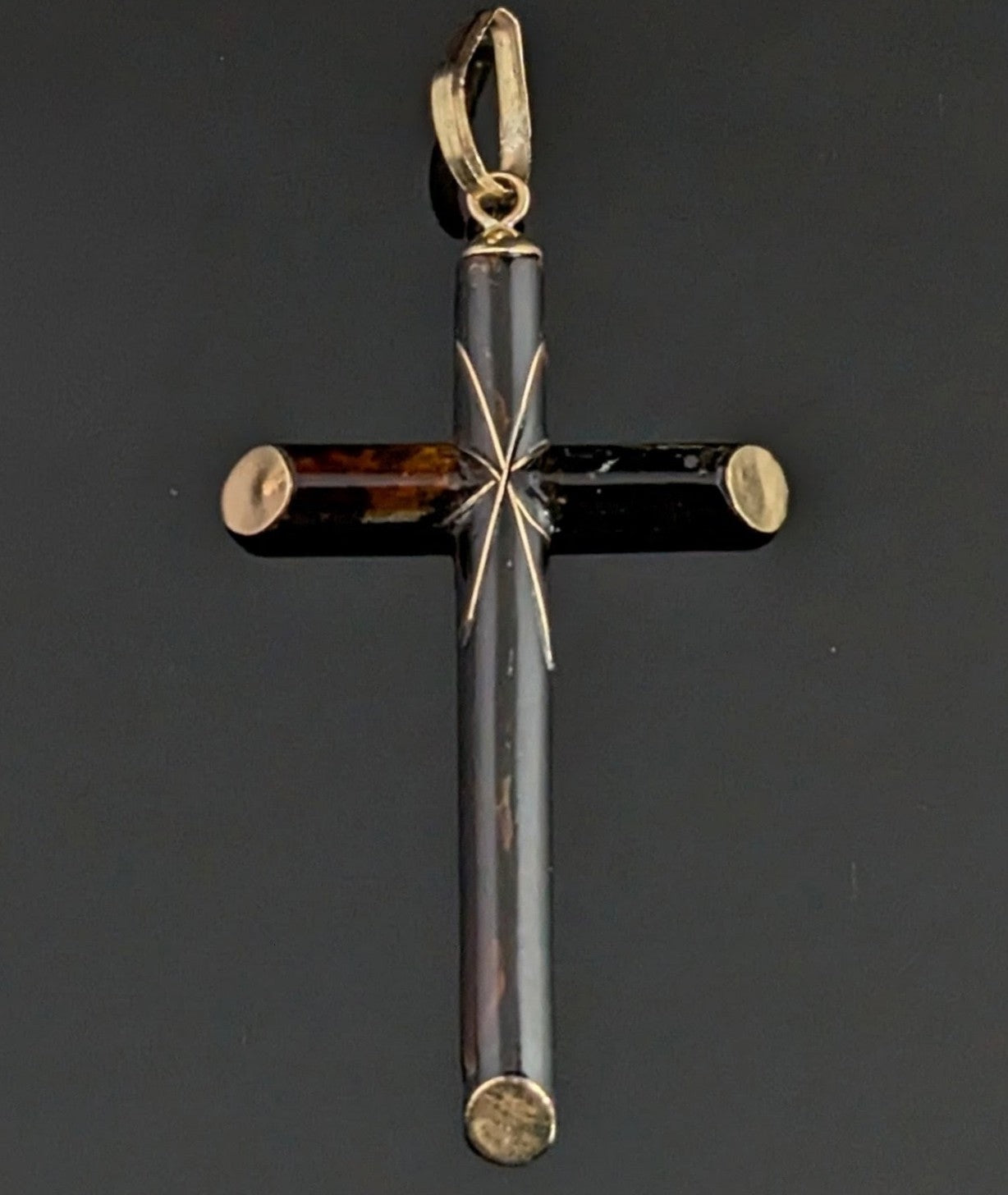 Vintage 9ct gold and Black enamel cross pendant, North Star, Religious jewellery