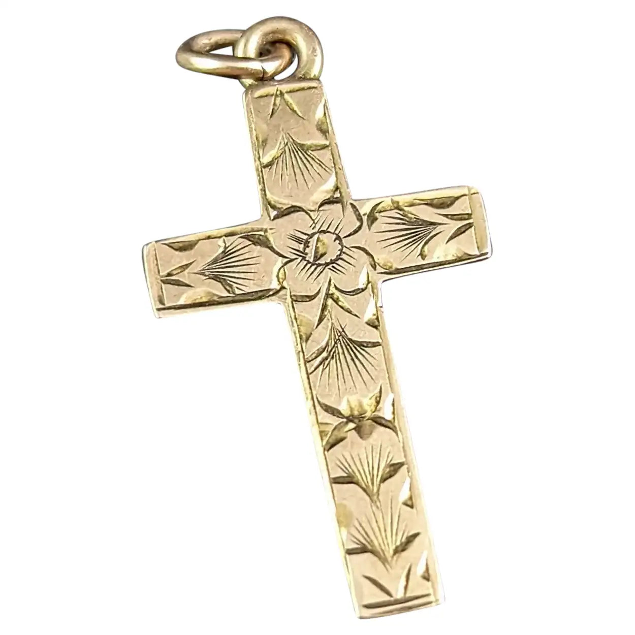 Tiny antique 9ct gold cross pendant, floral engraved