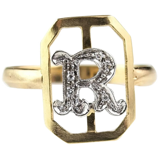Vintage 18ct gold and Diamond letter R ring, Conversion