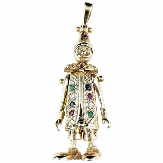 Vintage 9ct gold Clown pendant, multi gemstone, Articulated