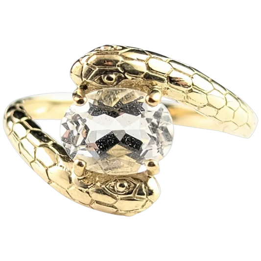 Vintage double snake ring, 9ct gold, Rock crystal